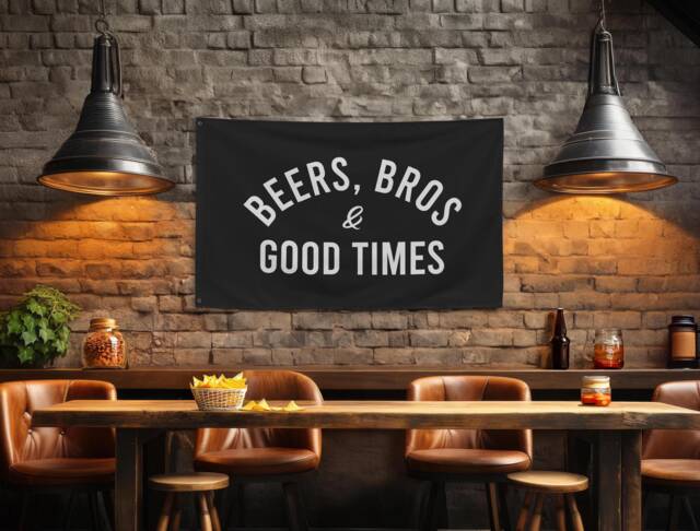 Beers, Bros, & Good Times Flag, Fun Home Bar Decor, Man Cave Banner, Beer Lovers Sign, Game Room Wall Art, Gift For Friends, Flag - image 1