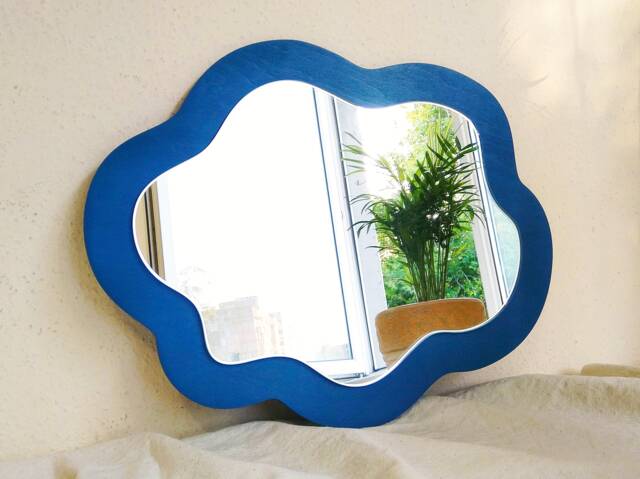 Cloud Wavy Mirror Deep Blue, Irregular Wall Decor, Asymmetrical Mirror, Decorative Aesthetic Nursery Cloud Fun - image 1