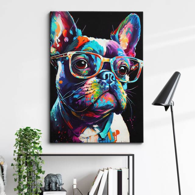 French Bulldog With Glasses Dog Pet Abstract Modern Painting Wall Art, Framed Canvas Poster Print, Home Kitchen Office Room Decor, Gifts - image 1