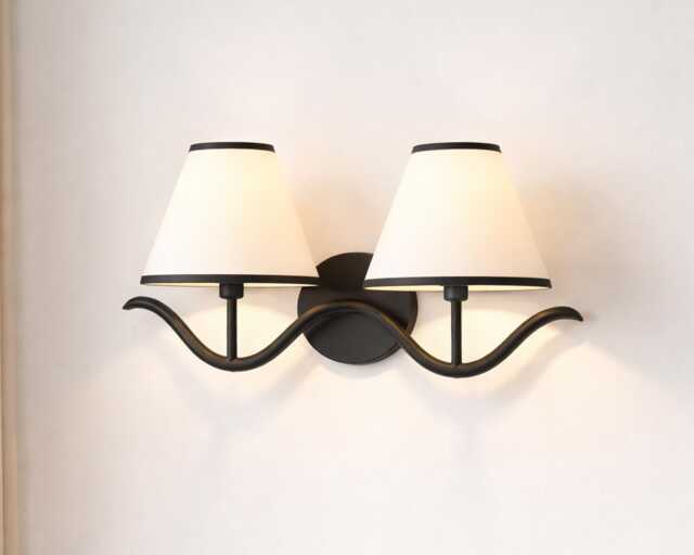 Wall Sconce Modern Curved Arm Double , Black Lamp With White Shades, Bedside Reading Light, Living Room & Entryway Decor - image 1