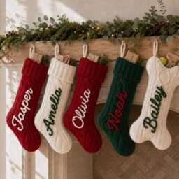 Dog Bone Stockings With Name, Family Christmas Stocking, 2026 Stockings, Personalized Pet Stockings, Knitted - thumbnail 2