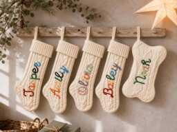 Dog Bone Stockings With Name, Family Christmas Stocking, 2026 Stockings, Personalized Pet Stockings, Knitted - thumbnail 1