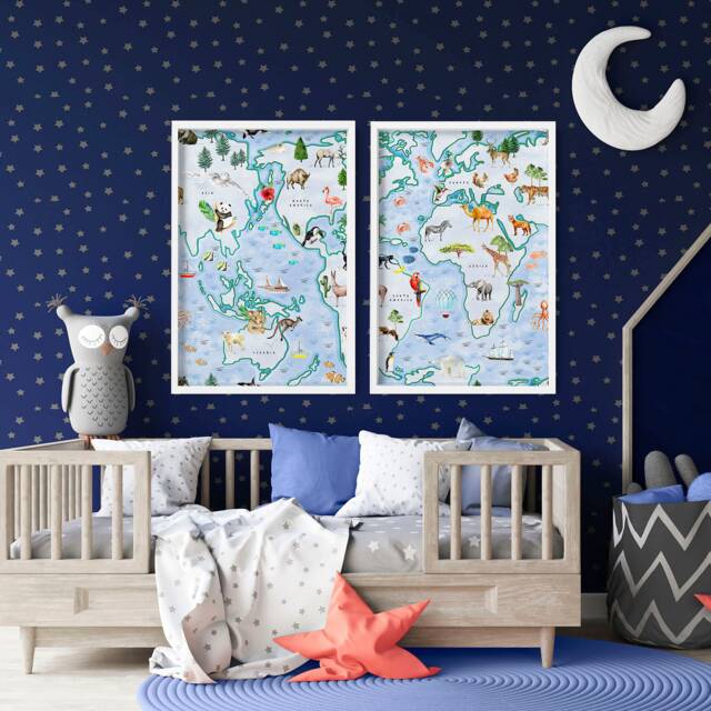 World Map Wall Art Kids, Educational Posters, Set Of 2 Framed Prints For Children Bedroom, Animal World Desk Decor Room - image 1