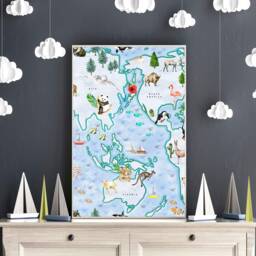 World Map Wall Art Kids, Educational Posters, Set Of 2 Framed Prints For Children Bedroom, Animal World Desk Decor Room - thumbnail 2