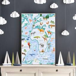 World Map Wall Art Kids, Educational Posters, Set Of 2 Framed Prints For Children Bedroom, Animal World Desk Decor Room - thumbnail 3