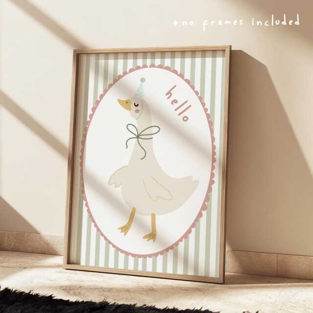 Cute Hello Goose With Scallop Border & Stripe Background in Pastel Pink Sage Green, Girl Nursery Print, Teen Bedroom Decor - image 1