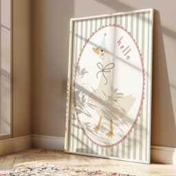 Cute Hello Goose With Scallop Border & Stripe Background in Pastel Pink Sage Green, Girl Nursery Print, Teen Bedroom Decor - thumbnail 2
