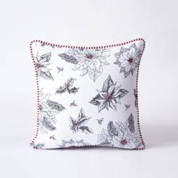 Poinsettia Christmas Pillow Cover, Black & White Cotton, 16x16 - thumbnail 1