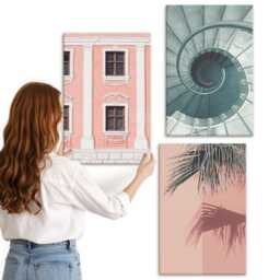 Canvas Art Set Of 3 - Pastel-Toned Architecture & Spiral Patterns, Pink Print On Canvas, Travels Wall Decor - thumbnail 3