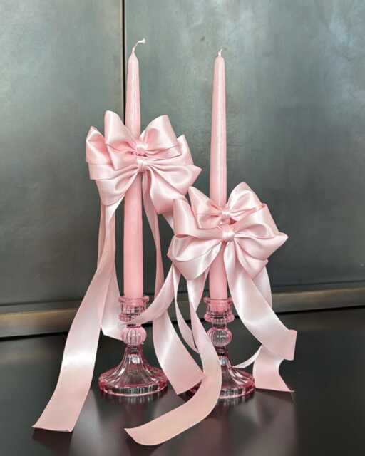 Satin Bow Taper Candles - Set Of 2 Valentine's Day, Baby Shower, Event Centerpiece - image 1