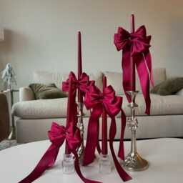 Satin Bow Taper Candles - Set Of 2 Valentine's Day, Baby Shower, Event Centerpiece - thumbnail 3