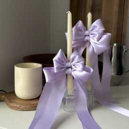 Satin Bow Taper Candles - Set Of 2 Valentine's Day, Baby Shower, Event Centerpiece - thumbnail 2