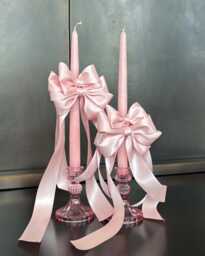 Satin Bow Taper Candles - Set Of 2 Valentine's Day, Baby Shower, Event Centerpiece - thumbnail 1