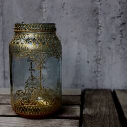 Hand Painted Candle Holder - Metallic Paint On Mason Jar Tealight Glass Lantern - thumbnail 2