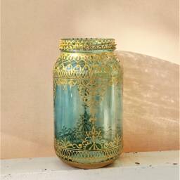 Hand Painted Candle Holder - Metallic Paint On Mason Jar Tealight Glass Lantern - thumbnail 3