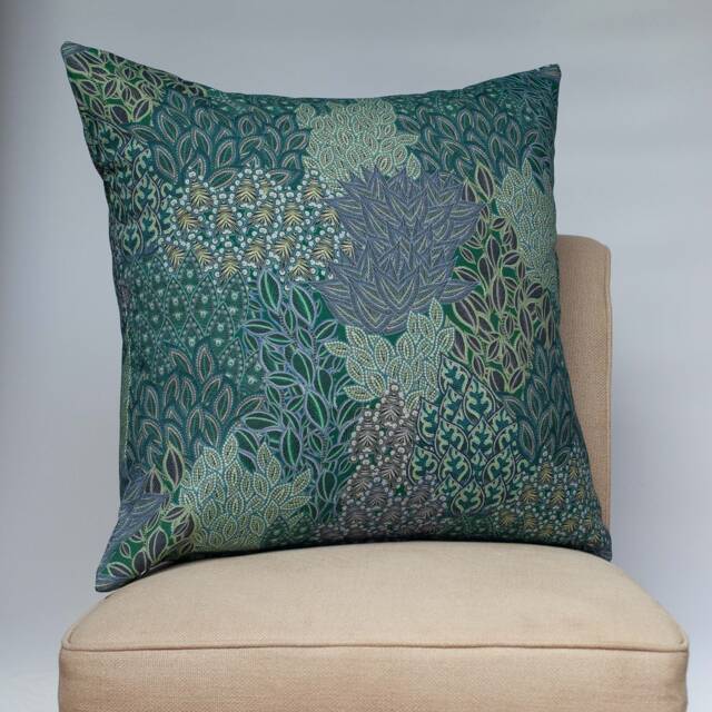 Winter Garden Linen Blend Extra-Large Cushion. Peacock Blue, Sage Green & Teal. Sweeping Floral Leaves Design. 23 - image 1