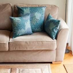 Winter Garden Linen Blend Extra-Large Cushion. Peacock Blue, Sage Green & Teal. Sweeping Floral Leaves Design. 23 - thumbnail 2