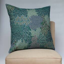 Winter Garden Linen Blend Extra-Large Cushion. Peacock Blue, Sage Green & Teal. Sweeping Floral Leaves Design. 23 - thumbnail 1
