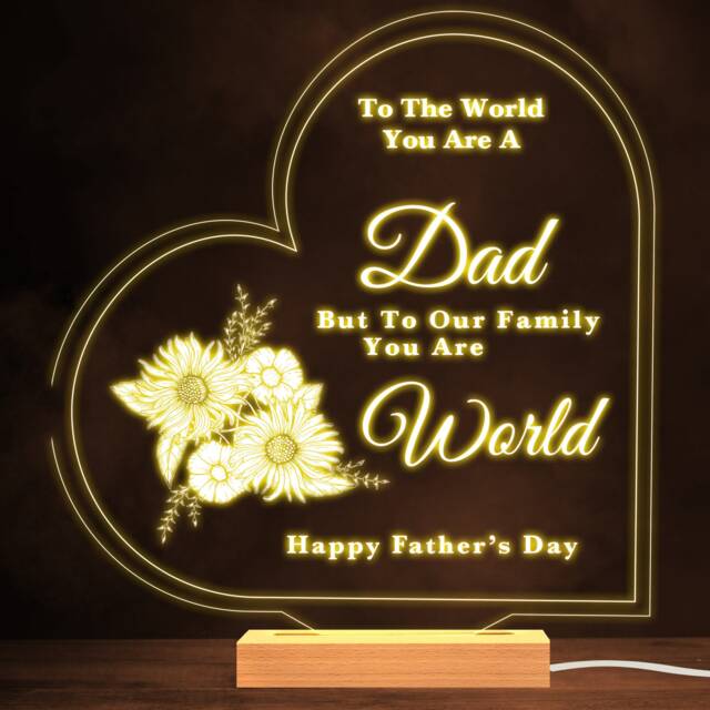 Floral Happy Father's Day Dad You Are The World Heart White Night Light - Personalised Gift Bedroom Lamp - image 1
