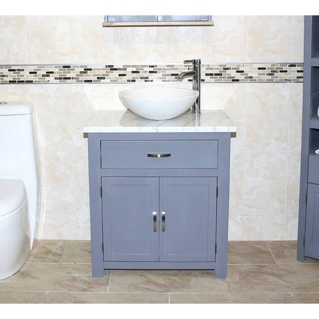 Handcrafted Grey Painted Vanity Unit, Oak Cabinet, Marble Stone Basin - image 1