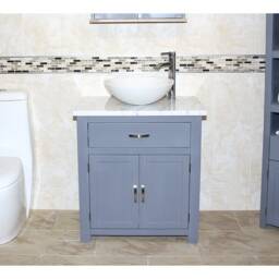 Handcrafted Grey Painted Vanity Unit, Oak Cabinet, Marble Stone Basin - thumbnail 1