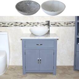Handcrafted Grey Painted Vanity Unit, Oak Cabinet, Marble Stone Basin - thumbnail 2