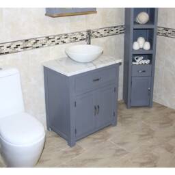 Handcrafted Grey Painted Vanity Unit, Oak Cabinet, Marble Stone Basin - thumbnail 3