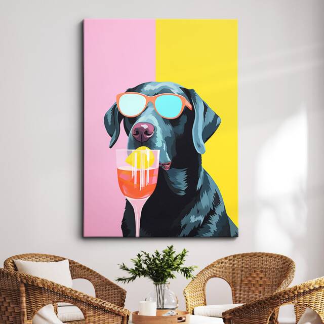 Vibrant Labrador Drinking With Glasses Painting Framed Poster Print & Canvas Wall Decor Art Bedroom Home Interior Gift For Dog Lover - image 1