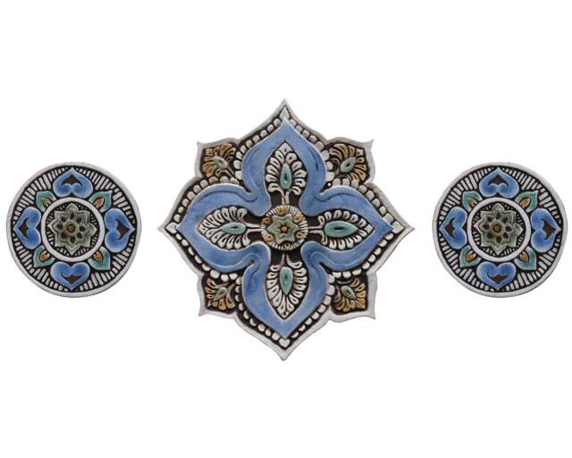 Handmade Ceramic Mandala Wall Art Tiles Blue Outdoor Sculpture - Set Of 3 - image 1