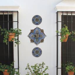 Handmade Ceramic Mandala Wall Art Tiles Blue Outdoor Sculpture - Set Of 3 - thumbnail 4
