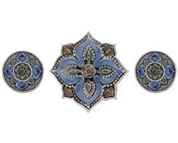 Handmade Ceramic Mandala Wall Art Tiles Blue Outdoor Sculpture - Set Of 3 - thumbnail 1
