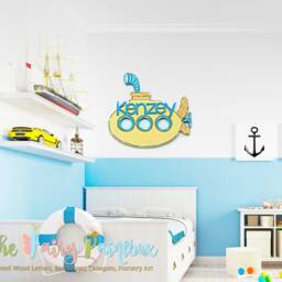 Personalized Yellow Submarine Kids Room Wall Art, Nautical Nursery Decor, Baby Room, Ocean Theme Sign - thumbnail 3