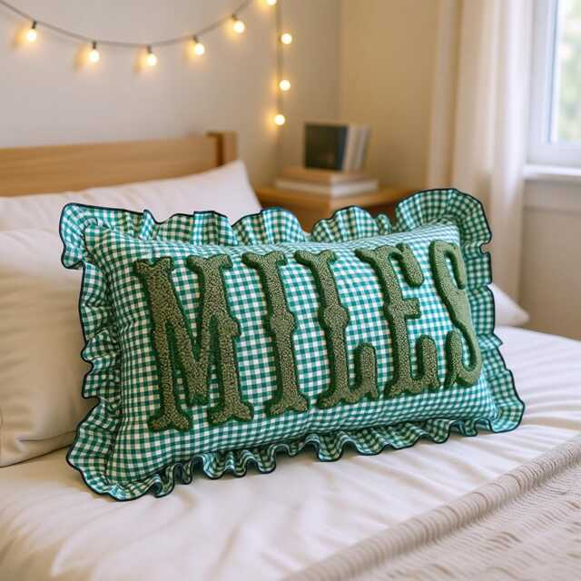 Gingham Ruffle Monogram Pillow, Personalized Name Cushion, Soft Bedroom Decor Gift - image 1