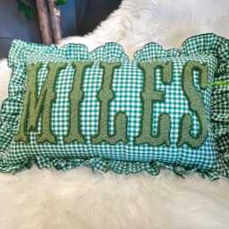 Gingham Ruffle Monogram Pillow, Personalized Name Cushion, Soft Bedroom Decor Gift - thumbnail 2