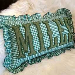 Gingham Ruffle Monogram Pillow, Personalized Name Cushion, Soft Bedroom Decor Gift - thumbnail 3
