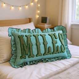 Gingham Ruffle Monogram Pillow, Personalized Name Cushion, Soft Bedroom Decor Gift - thumbnail 1