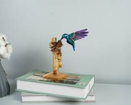 Green Hummingbird Statue, Blue, Personalized, Painted Sculpture, Wood Carving Figure, Bird Colibri, Home Decor, Gift For Mother - thumbnail 1