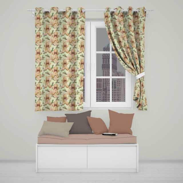 Vintage Gingerbread Men With Bows & Pine Branches Seamless Pattern Readymade Eyelet Ring Top Thermal 100% Blackout Curtains - image 1