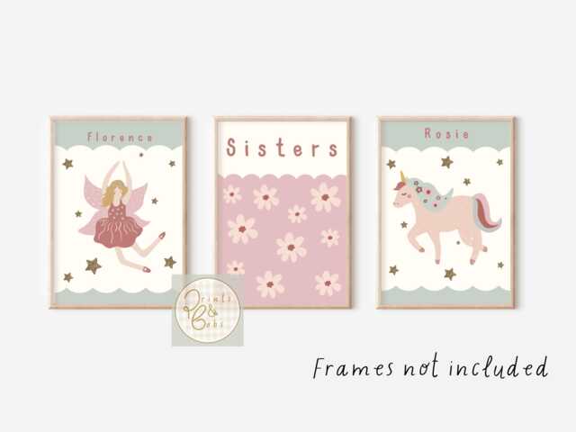 Personalised Unicorn & Fairy Sisters Prints. Set Of 3 Prints For Girls Bedrooms, A Nursery Or Playroom - Prints Only - image 1