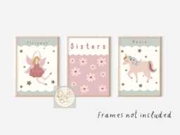 Personalised Unicorn & Fairy Sisters Prints. Set Of 3 Prints For Girls Bedrooms, A Nursery Or Playroom - Prints Only - thumbnail 1
