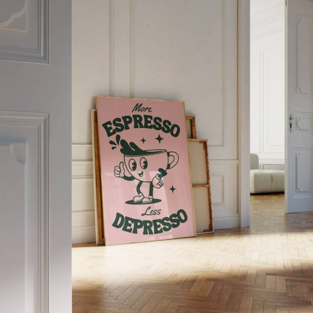 More Espresso Less Depresso Poster - Funny Kitchen Coffee Wall Gallery A0 A1 A2 A3 A4 A5 Christmas Gift Retro Decor Art L Print - image 1