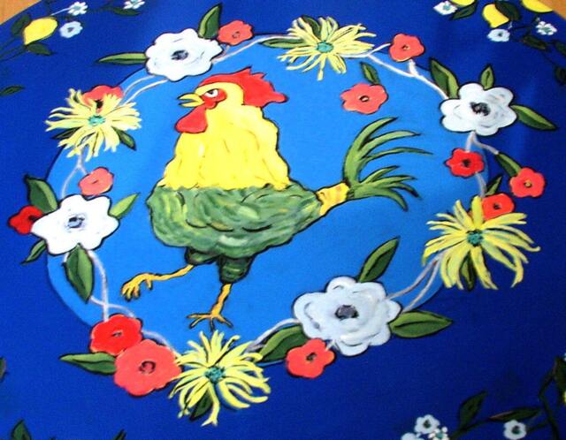 Hand-Painted Vinyl Floorcloth Rug Blue Yellow Chicken Flowers Round Mat - image 1