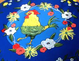 Hand-Painted Vinyl Floorcloth Rug Blue Yellow Chicken Flowers Round Mat - thumbnail 1