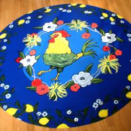 Hand-Painted Vinyl Floorcloth Rug Blue Yellow Chicken Flowers Round Mat - thumbnail 2