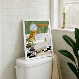 Cheetah in The Bath Wall Art, Leopard Print, Quirky Bathroom, Green En-Suite Decor, Funny Animal Poster - thumbnail 1