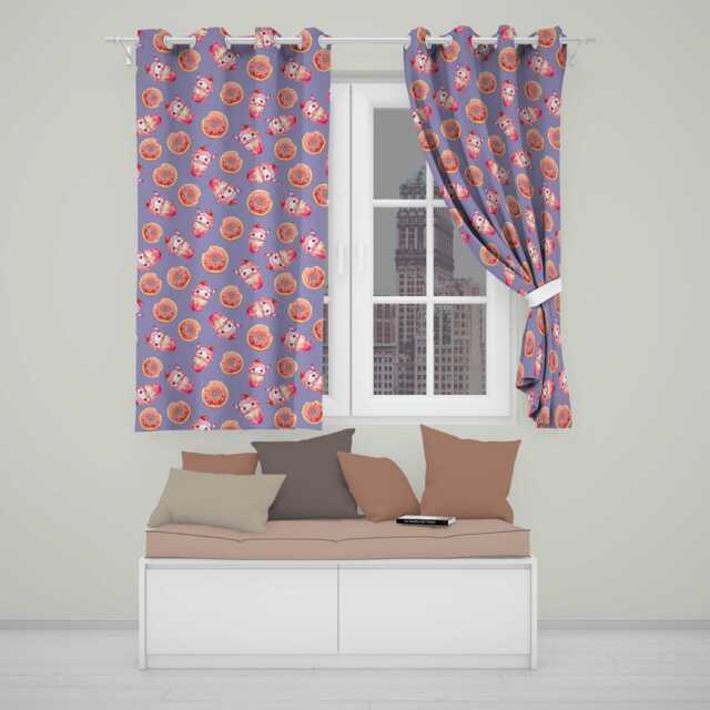 Cute Kawaii Donut & Strawberry Drink Pattern Purple Background Seamless Readymade Eyelet Ring Top Thermal 100% Blackout Curtains - image 1