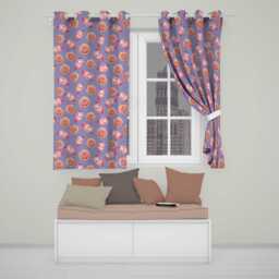 Cute Kawaii Donut & Strawberry Drink Pattern Purple Background Seamless Readymade Eyelet Ring Top Thermal 100% Blackout Curtains