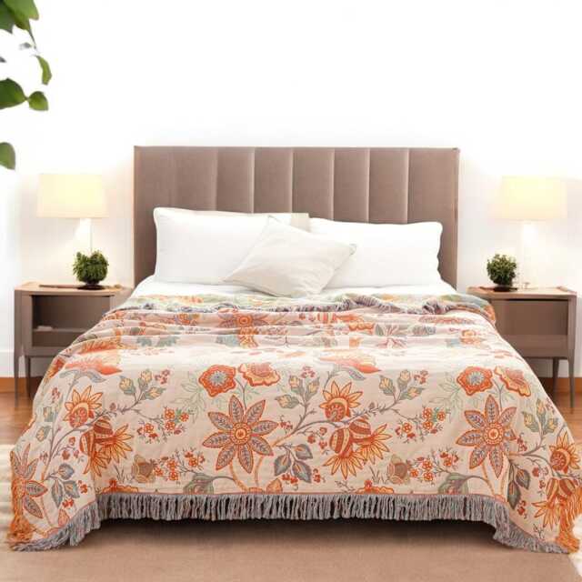 Floral Cotton Throw Blanket Reversible Boho Fringe Design - image 1