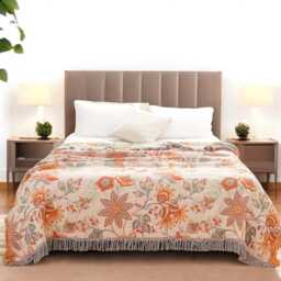 Floral Cotton Throw Blanket Reversible Boho Fringe Design - thumbnail 1