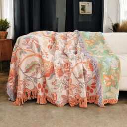 Floral Cotton Throw Blanket Reversible Boho Fringe Design - thumbnail 3